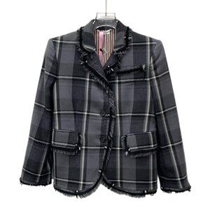 CW0711 Thom Browne Plaid Fringed Wool Blazer Jacket